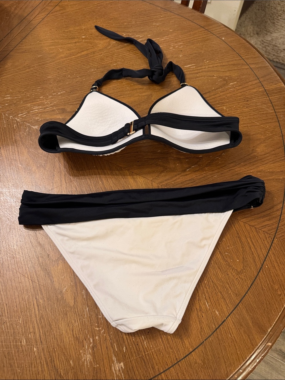 Victoria’s Secret White Black Halter Bikini Gold Studded Trim Sz L Top M Bottom - Picture 4 of 9